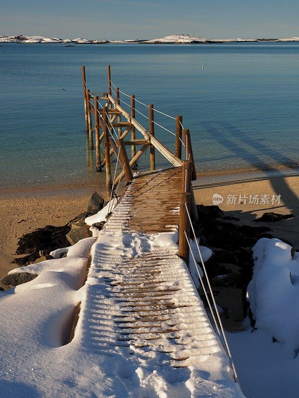 挪威海滩上的木制防波堤，上面覆盖着雪