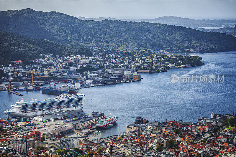 从弗洛安山顶俯瞰卑尔根:挪威的峡湾和城市