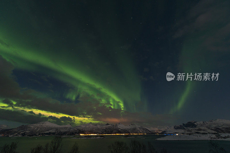 挪威北部Senja岛寒冷冬夜的北极光