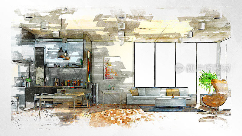 现代厨房和客厅素描与马克笔库存照片