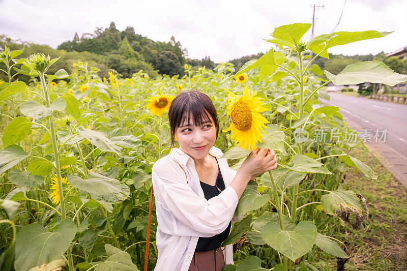 年轻女子在农场里欣赏向日葵