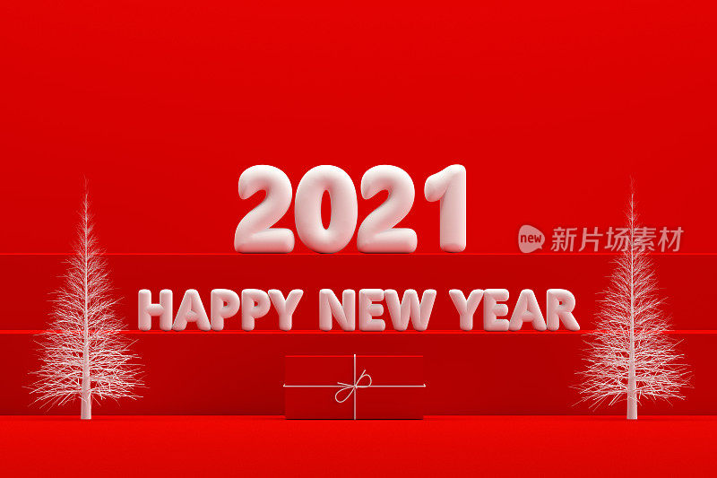 圣诞2021新年概念，红色背景，楼梯站讲台