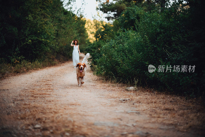 带着狗在森林里散步的女人