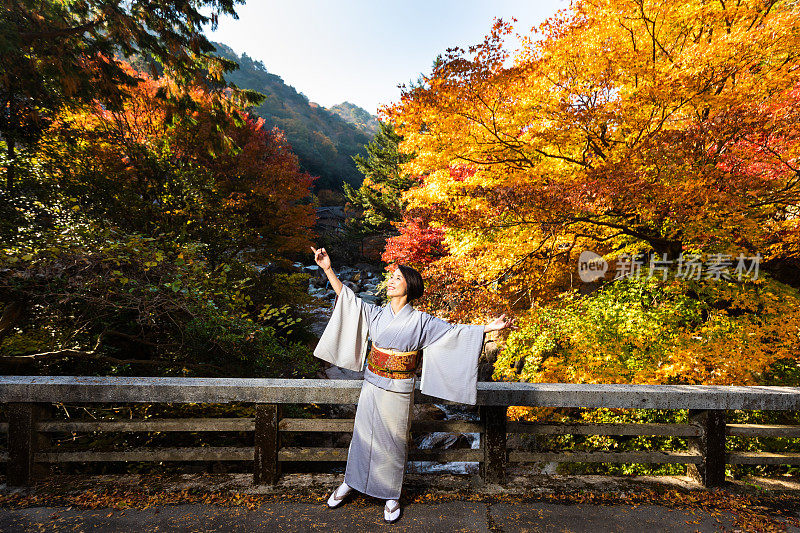 在小野的日本老年女子与秋天的枫叶跳舞