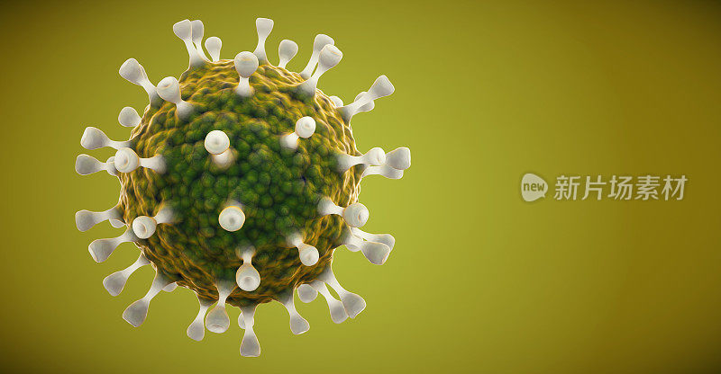 黄色背景上的绿色冠状病毒细胞画像，白色蛋白冠状。
