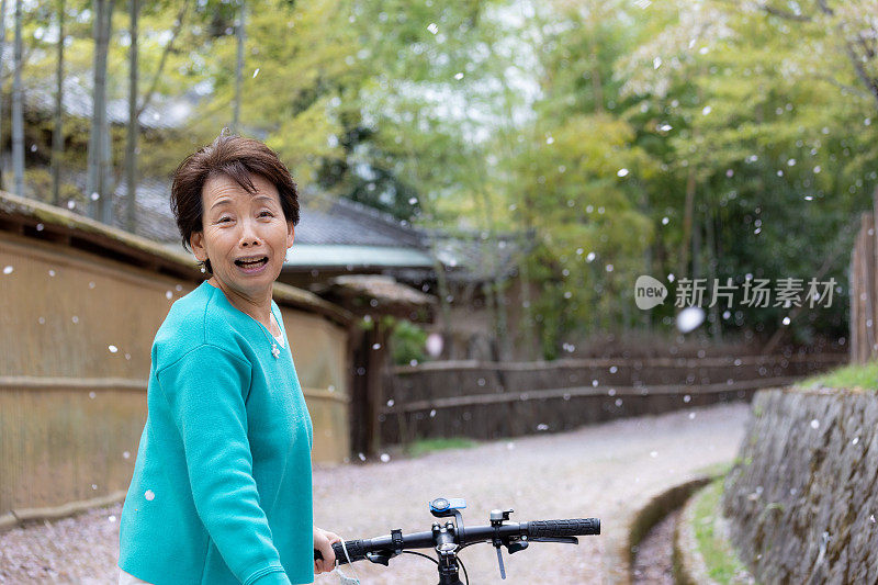 日本老年妇女独自欣赏樱花