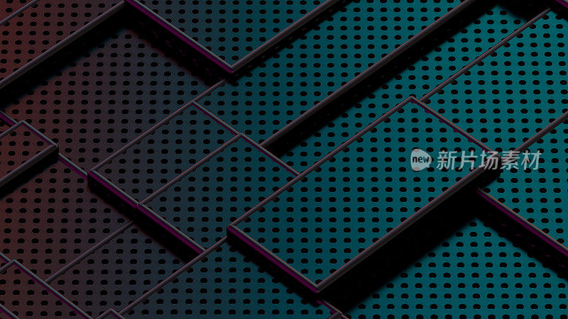 三维抽象斑点方块，几何形状，霓虹灯照明，未来主义技术背景