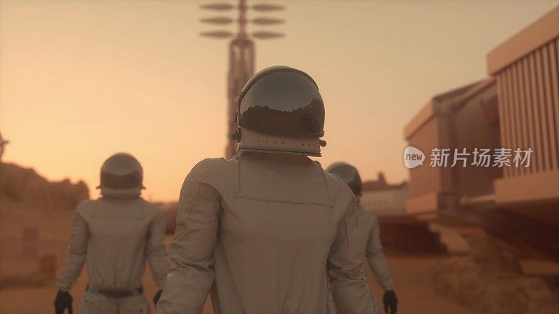 3名穿着宇航服的宇航员探索火星。太空任务。宇航员在太空旅行。三维渲染