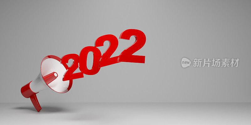 扩音器宣布2022年在灰色背景，复制空间。