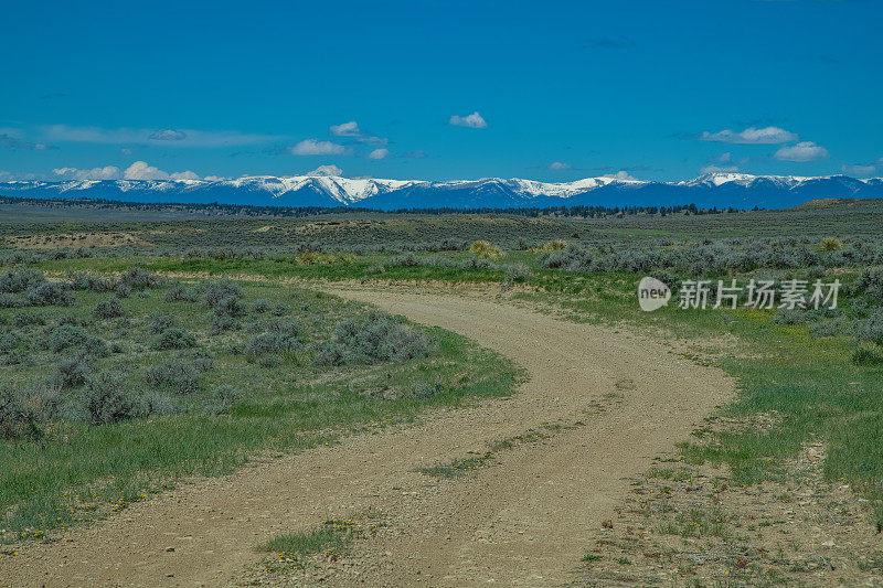 牧场土路和遥远的蒙大拿山脉