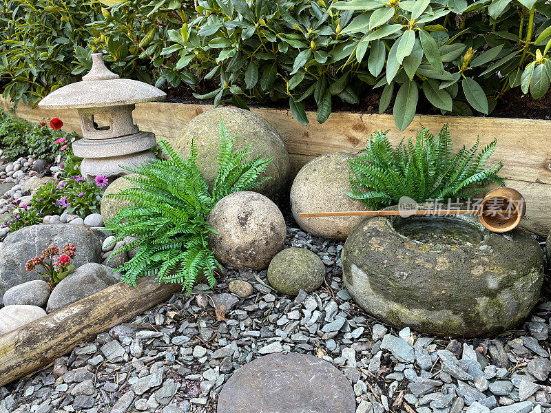 特写图像竹勺铺设在充满日本水盆地，石雪灯，巨石和蕨类植物，重点前景