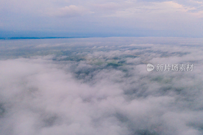 雾笼罩的森林鸟瞰图。森林。春天。字段。多雾的早晨。无人机摄影。