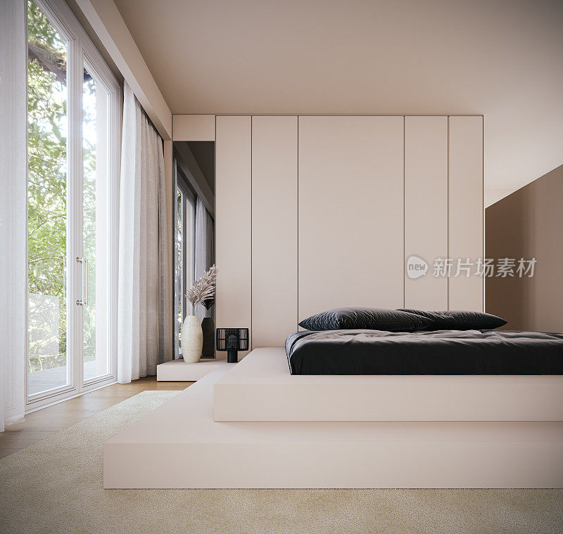 现代白色卧室室内设计。时尚简约的卧室。