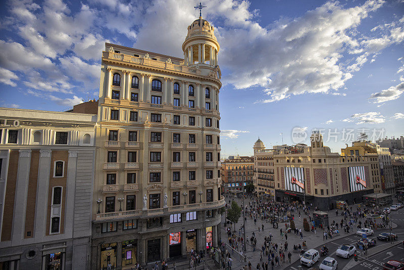 日落时分的格兰维亚大街，马德里，西班牙