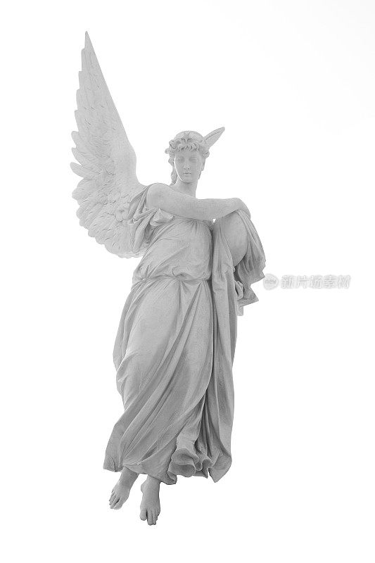 死亡天使象征着痛苦、恐惧和生命的终结。古代石雕孤立在白色的背景上。