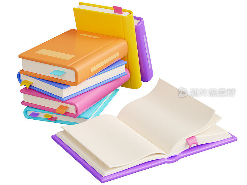 一堆合上的纸质书和一堆开着的白页书，彩色的硬皮和书签躺着站着。三维渲染