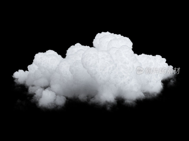 3d渲染，抽象白色积云。天空设计元素。现实的云剪贴艺术孤立的黑色背景