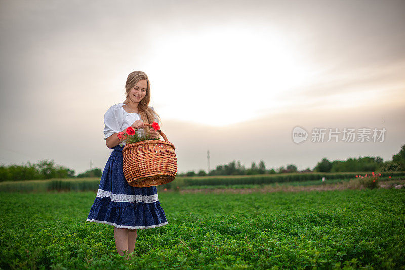 站在三叶草地里的金发女孩