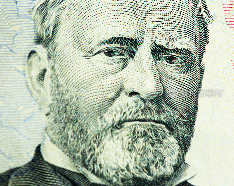 50美元纸币的细节显示尤利西斯·S·格兰特将军和总统的肖像
