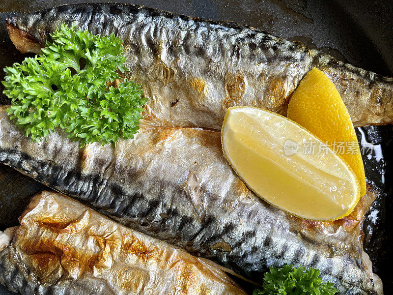 特写图像油鲭鱼鱼片在不粘煎锅上煎早餐，脆皮，吃健康的概念，高的观点