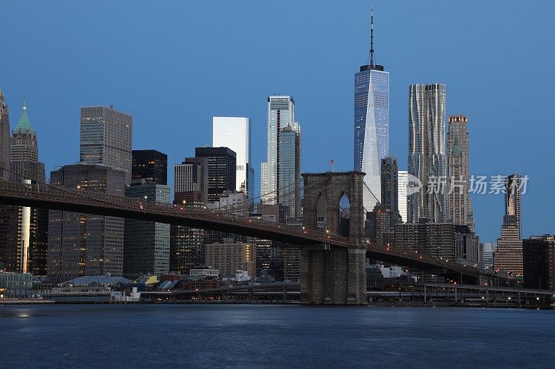 纽约市曼哈顿市区天际线布鲁克林大桥