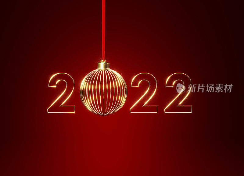 条纹金色圣诞装饰和2022悬挂在红色背景