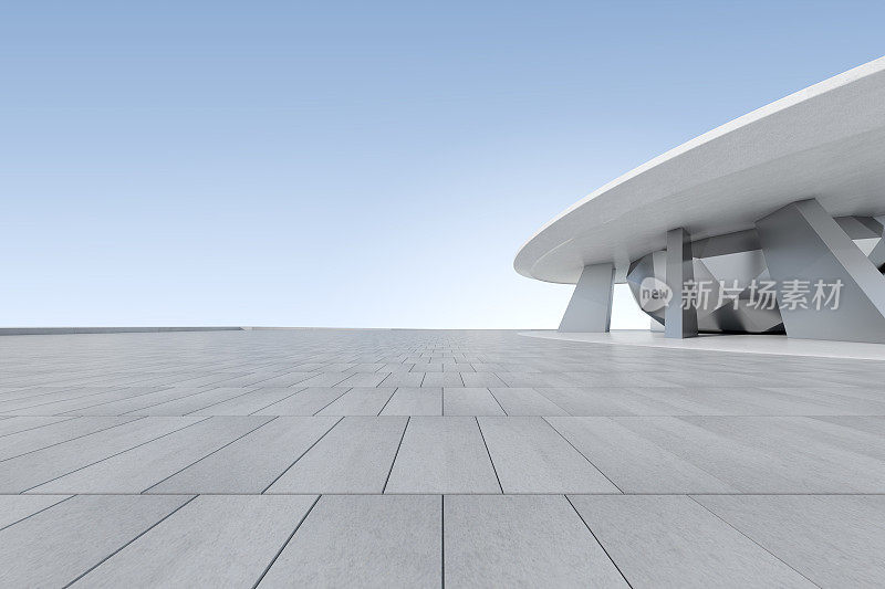 3d渲染未来建筑与空混凝土地板，汽车介绍。