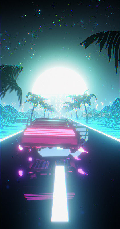 飞行汽车驾驶通过Retrowave景观