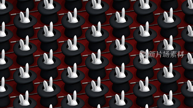 3D插图魔术师的大礼帽与可爱的兔子兔子和魔杖概念Abracadabra拉兔子从我的帽子Presto孤立的红色背景