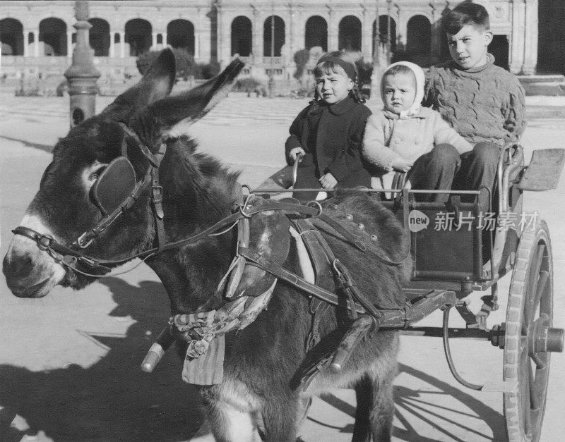 黑白照片拍摄于1960年，三个孩子在西班牙塞维利亚驴拉的马车上摆姿势