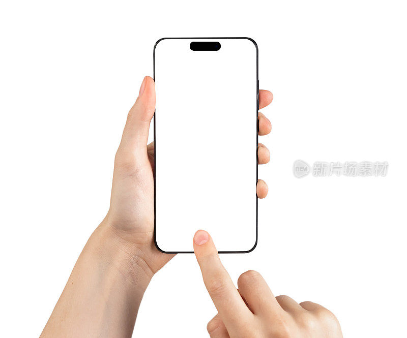 移动智能手机屏幕模型，白色智能手机显示模型在手用手指轻敲，指向孤立的白色背景
