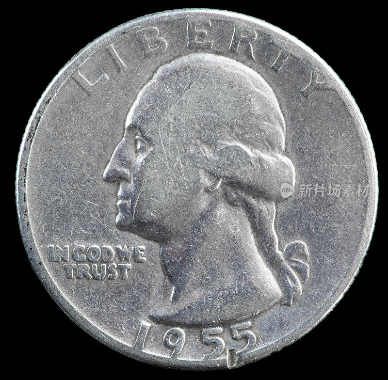 1955年银质四分之一美元，黑色背景。