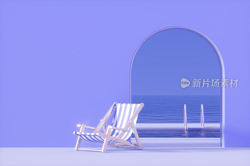 门后有大海和游泳池。霓虹灯紫色背景，极简的夏日假期和旅游概念