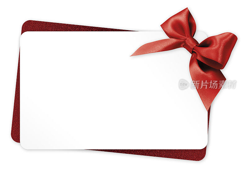 礼品卡与红色丝带蝴蝶结孤立在白色背景