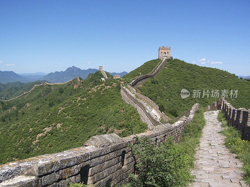 中国的长城蜿蜒于群山和绿树之间