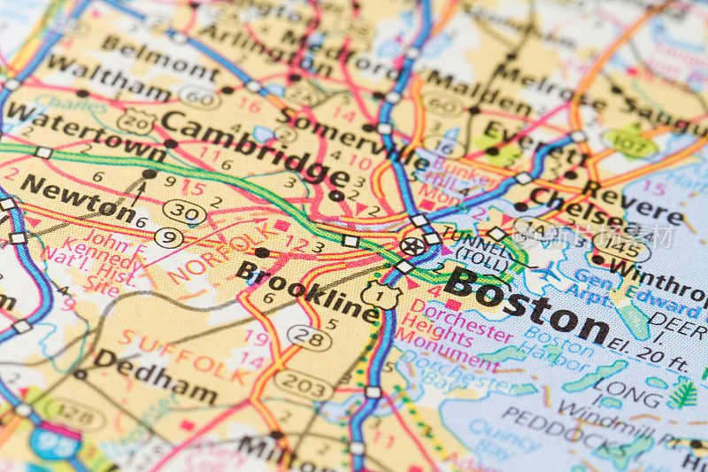 马萨诸塞州波士顿地图的特写