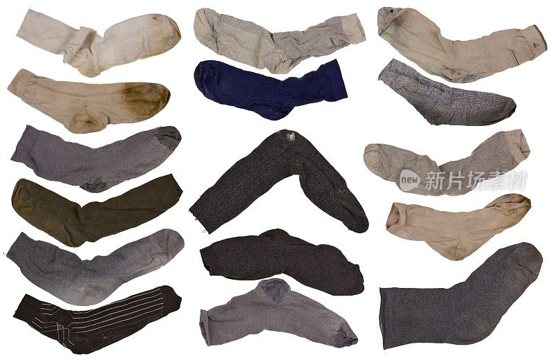 旧的破旧零碎但纯粹由复古男士洗的袜子套装。从几张照片上分离出来的拼贴画