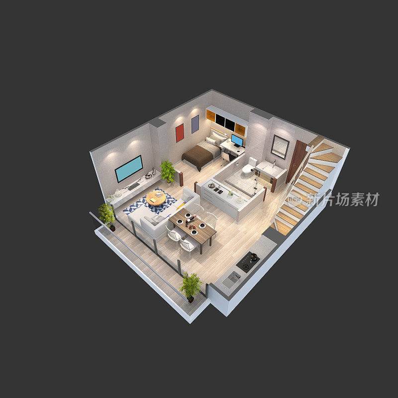顶层公寓的等距视图的3d插图