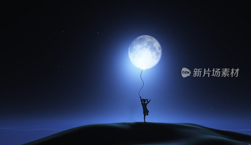 3D超现实图像的女孩拿着月亮作为一个气球