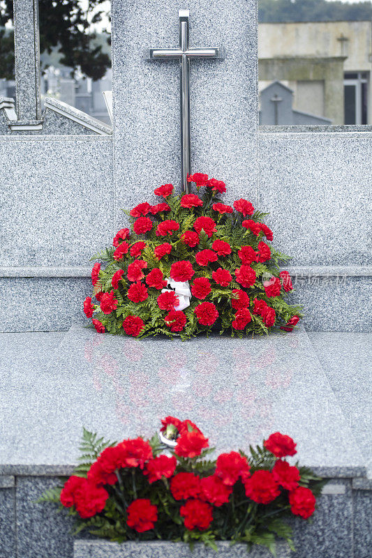 墓地十字架，墓碑和红色康乃馨花。
