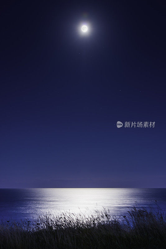 月亮照耀着宁静的蓝色海洋夏季沙丘星夜