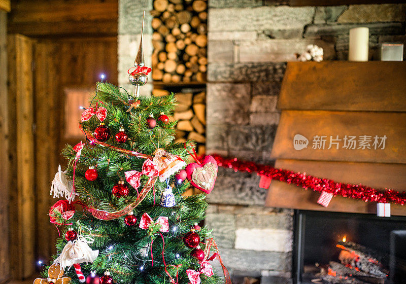 有圣诞树和壁炉的客厅
