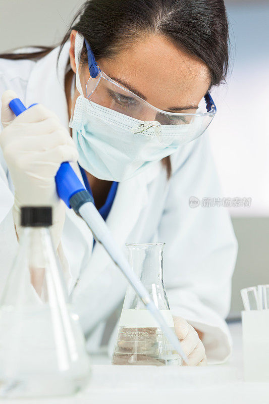 女性在实验室中使用移液管和烧瓶的女性医学或科学研究人员或科学家