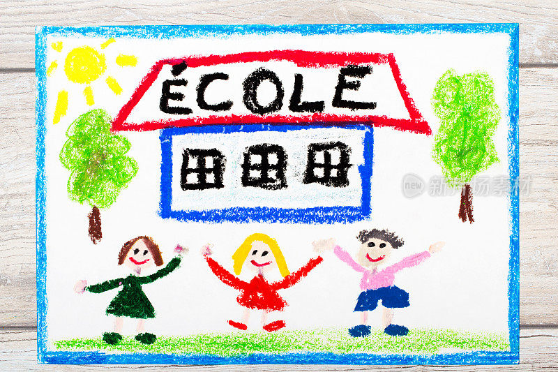 彩色图画照片:法语单词学校，教学楼和快乐的孩子们。上学的第一天。
