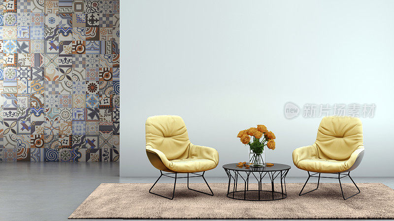 两个现代扶手椅与空白墙室内渲染