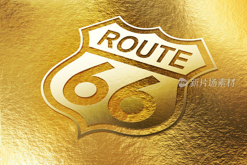 66号公路的标志印在金色的金属上
