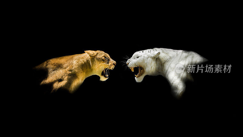 孤立的狮子和白虎互相咆哮的背景