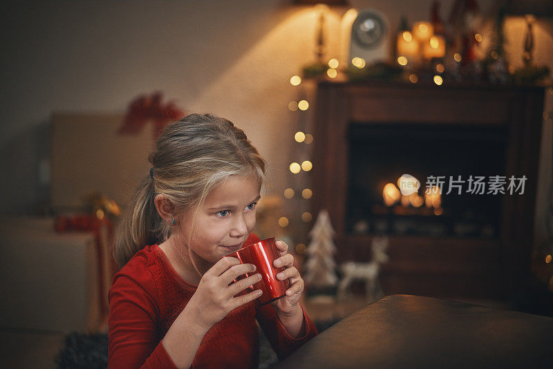 可爱的小孩喝热巧克力和棉花糖的圣诞节