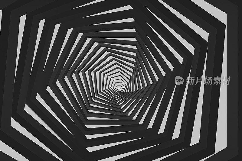 3D黑色抽象六角形隧道背景，几何形状，最小的设计