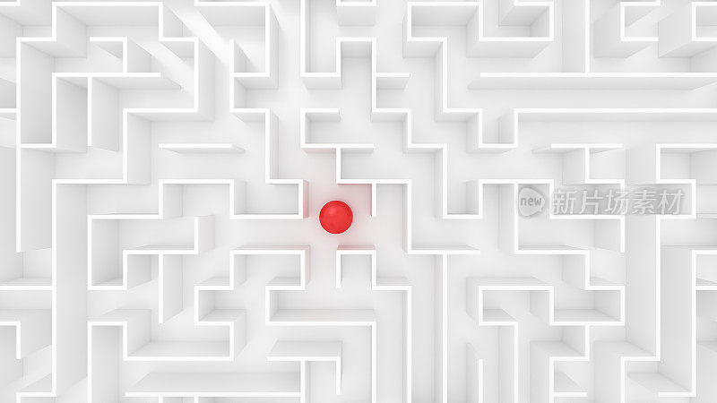 白色迷宫迷宫和红色球体，寻找解决方案，改变你的生活，领导概念3d插图。